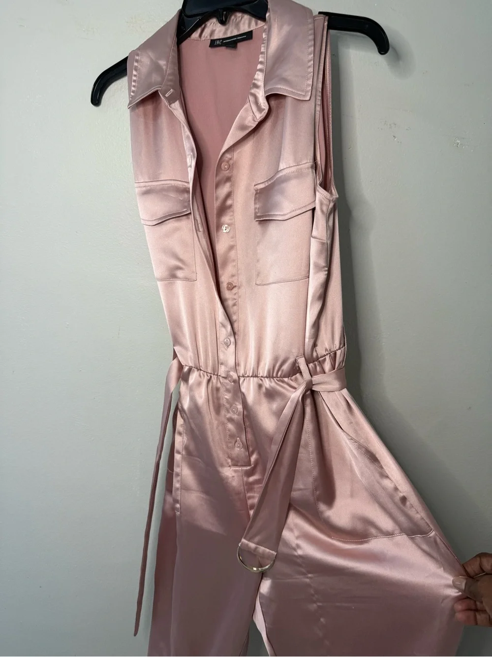 INC International Concepts Satin Sleeveless Utility Jumpsuit in Blush Pink